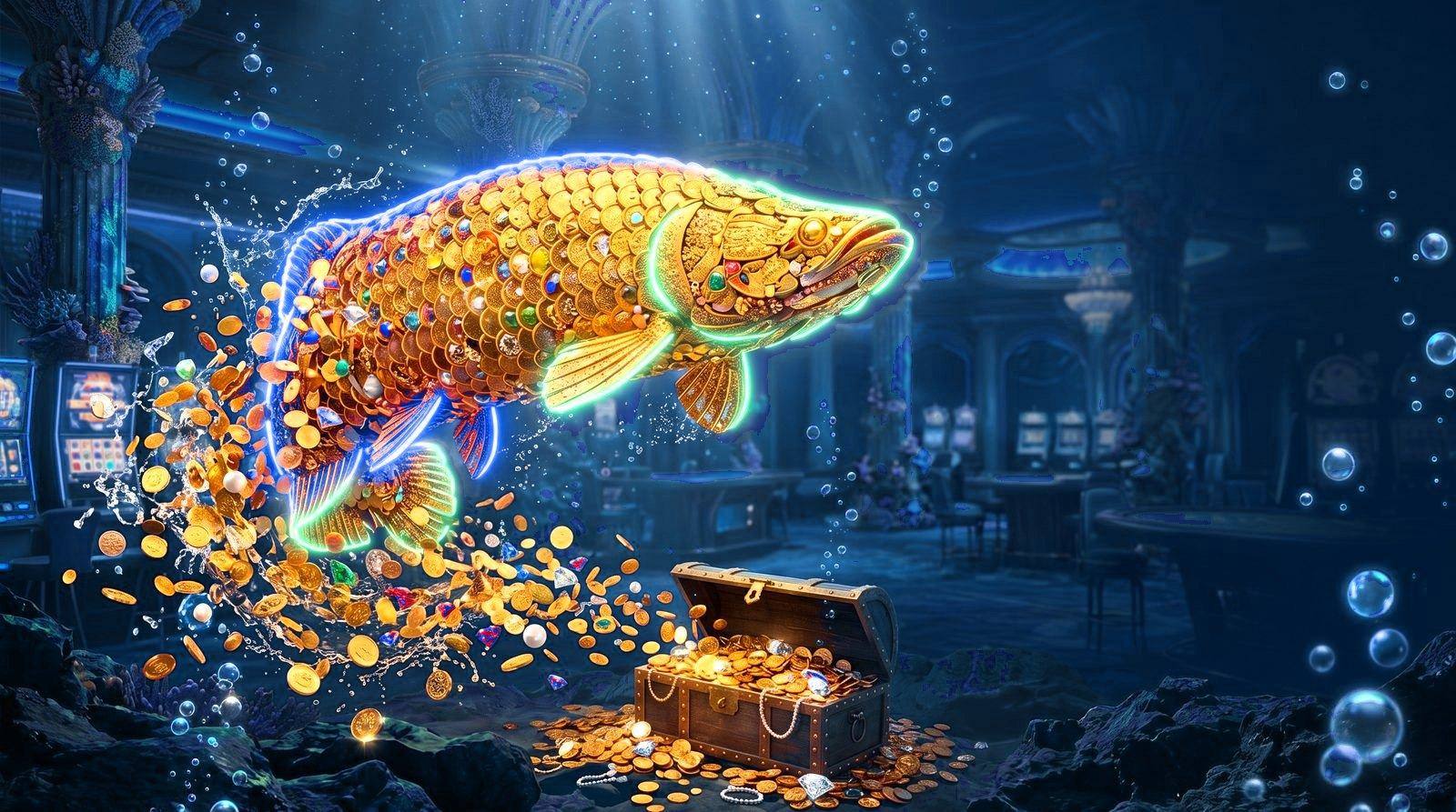 ภาพตัวอย่างเกมยิงปลาใน U31 ปลาทองขนาดใหญ่ใจกลางโถงคาสิโนพร้อมเหรียญรางวัล